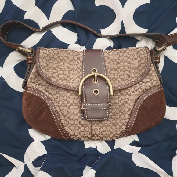 バッグ COACH Flap Soho Signature handbag gold Coach Soho Signature Jacquard Brown Gold Leather Trim Hand